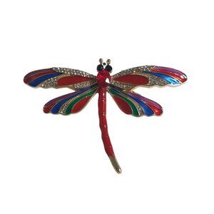Dragonfly Brooch Rhinestones Red Green Blue Gold Tone Sparkling Enamel Jewelry
